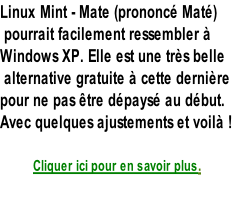 Linux Mint - Mate (prononcé Maté)  pourrait facilement ressembler à  Windows XP. Elle est une très belle  alternative gratuite à cette dernière  pour ne pas être dépaysé au début.  Avec quelques ajustements et voilà !  Cliquer ici pour en savoir plus.